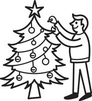 A doodle icon of a character decorating tree with lights vector