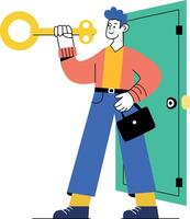 A flat illustration of a person holding a key in front of an open door, symbolizing opportunity vector