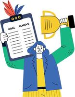A flat illustration of goal achiever holding a checklist and a trophy vector