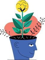 A flat illustration of a plant growing from a human head, symbolizing self growth vector