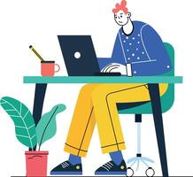 Flat illustration of a person working on a laptop at a desk vector