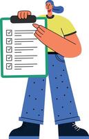 A flat illustration of a person holding a checklist with completed tasks vector