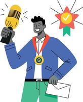 A flat illustration of a person holding a microphone and podcast award vector