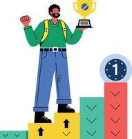 A flat illustration of a person standing on a podium holding a trophy, symbolizing career success vector