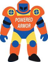 A flat sticker of a robot with powered armour typography vector