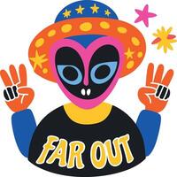 A flat sticker of an alien with far out typography vector