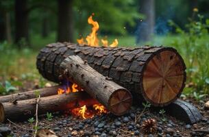 Burning logs of different diameters in a clearing in the forest close up photo
