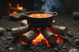 Cooking soup in the forest on a campfire at night photo