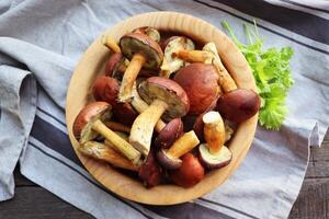 Forest boletus mushrooms on rustic wooden background in wooden bowl and herbs photo
