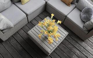 Outdoor furniture lounge group with chairs, sofa and table in a patio. Seating on the balcony, is a recreation place photo