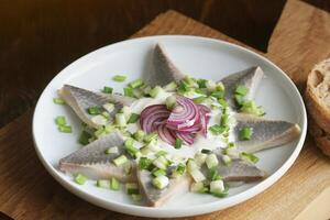Herrings fillets with cream sauce with cucumbers, red onion and spices on cutting wooden board photo