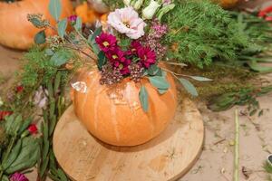 Creating a floral composition in a pumpkin. Making decor with your own hands. photo