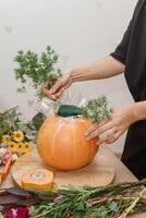 Creating a floral composition in a pumpkin. Making decor with your own hands. photo