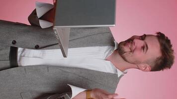Business man web designer consulting talking with client about online project making call on laptop video