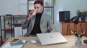 Businessman in suit working on smartphone, doing manager job, typing message to client, office room video