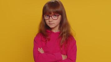 Displeased dissatisfied upset child girl shake head No, dismiss unpleasant idea, dont like proposal video