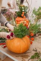 Creating a floral composition in a pumpkin. Making decor with your own hands. photo