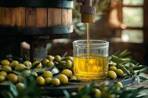 Freshly extracted olive oil flows from a traditional press surrounded by olives photo