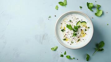 sauce of yogurt with herbs, spices and cucumber photo