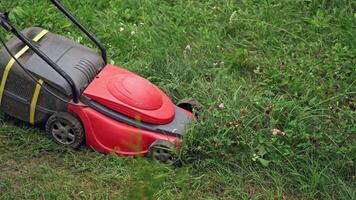 Summer works in garden. Close up view of grass cutting with lawn mower video