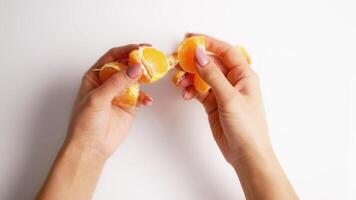 Peeled mandarin in female hands. Close up of mandarin on white background video