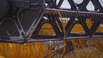 Combine harvests wheat. Close up view of modern combine harvester in action video