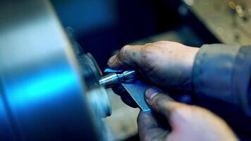 Machine in for metal works. Industrial worker working on machine in factory video