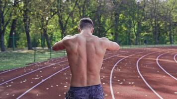 Handsome man at the stadium. Rear view of naked sportsman at stadium video