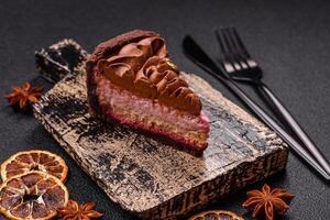 A piece of sweet cheesecake with mascarpone cheese, strawberry flavor photo