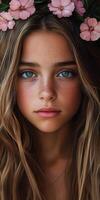 Young girl with blue eyes and flower crown in a soft, natural setting photo