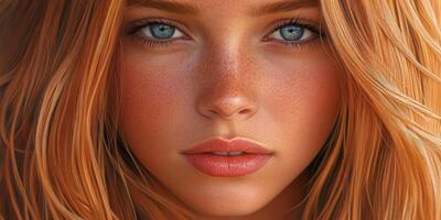 Young woman with vibrant red hair and striking blue eyes smiling softly photo