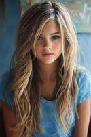 Young girl with long hair poses against a colorful background photo