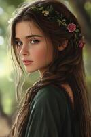 Young woman with flowers in hair in a natural setting during daytime photo