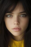 Captivating portrait of a young woman with striking green eyes photo