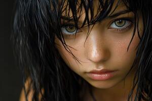 Portrait of a young girl with striking green eyes and wet hair photo