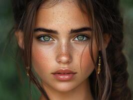 Young woman with striking green eyes and braided hair in a natural setting photo
