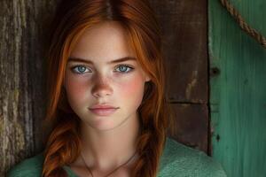 Young girl with red hair and blue eyes in a rustic setting photo