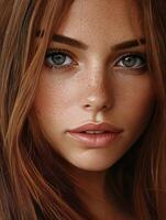 Young woman with striking features and natural beauty captured up close photo