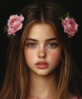 Young girl with flowers in hair striking a calm pose indoors photo