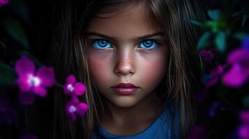 Child with striking blue eyes surrounded by purple flowers photo