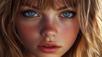 Stunning close-up portrait of a young woman with captivating blue eyes photo