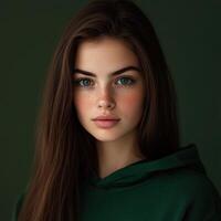 Captivating portrait of a young girl with expressive eyes and freckles photo