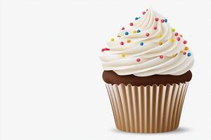 Colorful cupcake with frosting and sprinkles on a white background photo
