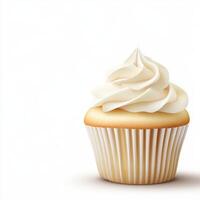 Delicious vanilla cupcake with swirl frosting on a white background photo