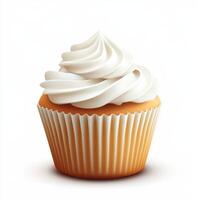 Delicious vanilla cupcake topped with creamy frosting on a white background photo