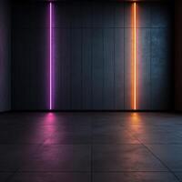 Bright neon lights illuminate a minimalist dark wall in a studio setting photo