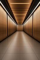 Long corridor with wooden panels and modern lighting in a building photo