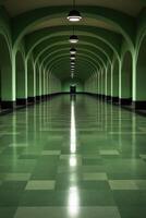 Expansive green corridor with arches and reflective floor lighting photo