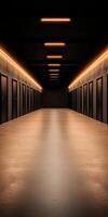Elegant hallway with illuminated doors in a modern building photo