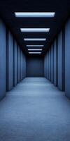 Modern corridor with blue lighting and minimalistic architectural design photo